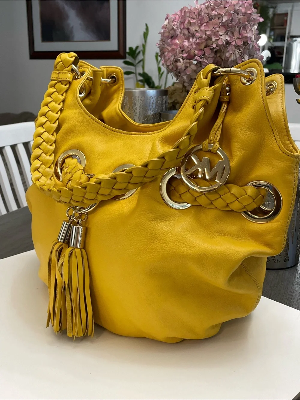 Michael Kors Yellow Leather Braided Grommet Shoulder Tote Bag Tassel Large MK